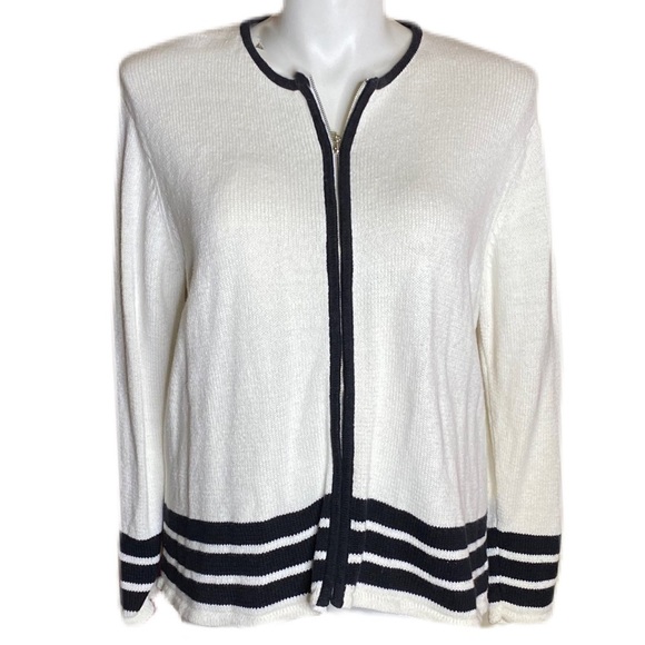 Liz Claiborne Russ White Zippered Cardigan with White Stripes Size XL 16/18 - Picture 1 of 5